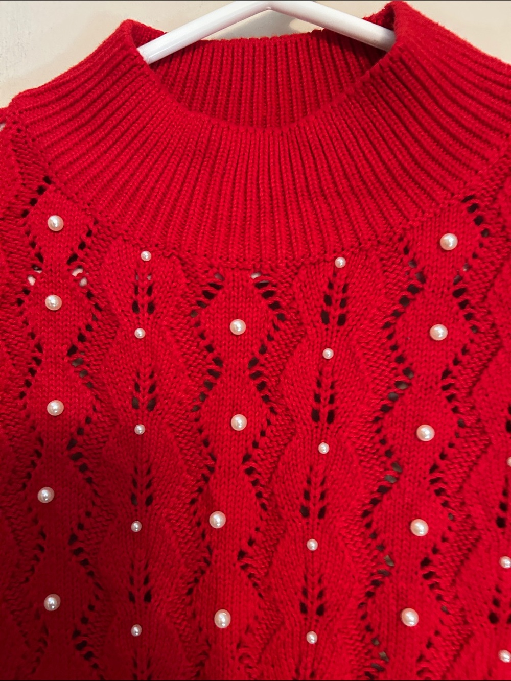 Commense Red Beaded Cable Turtleneck Sweater open back size S